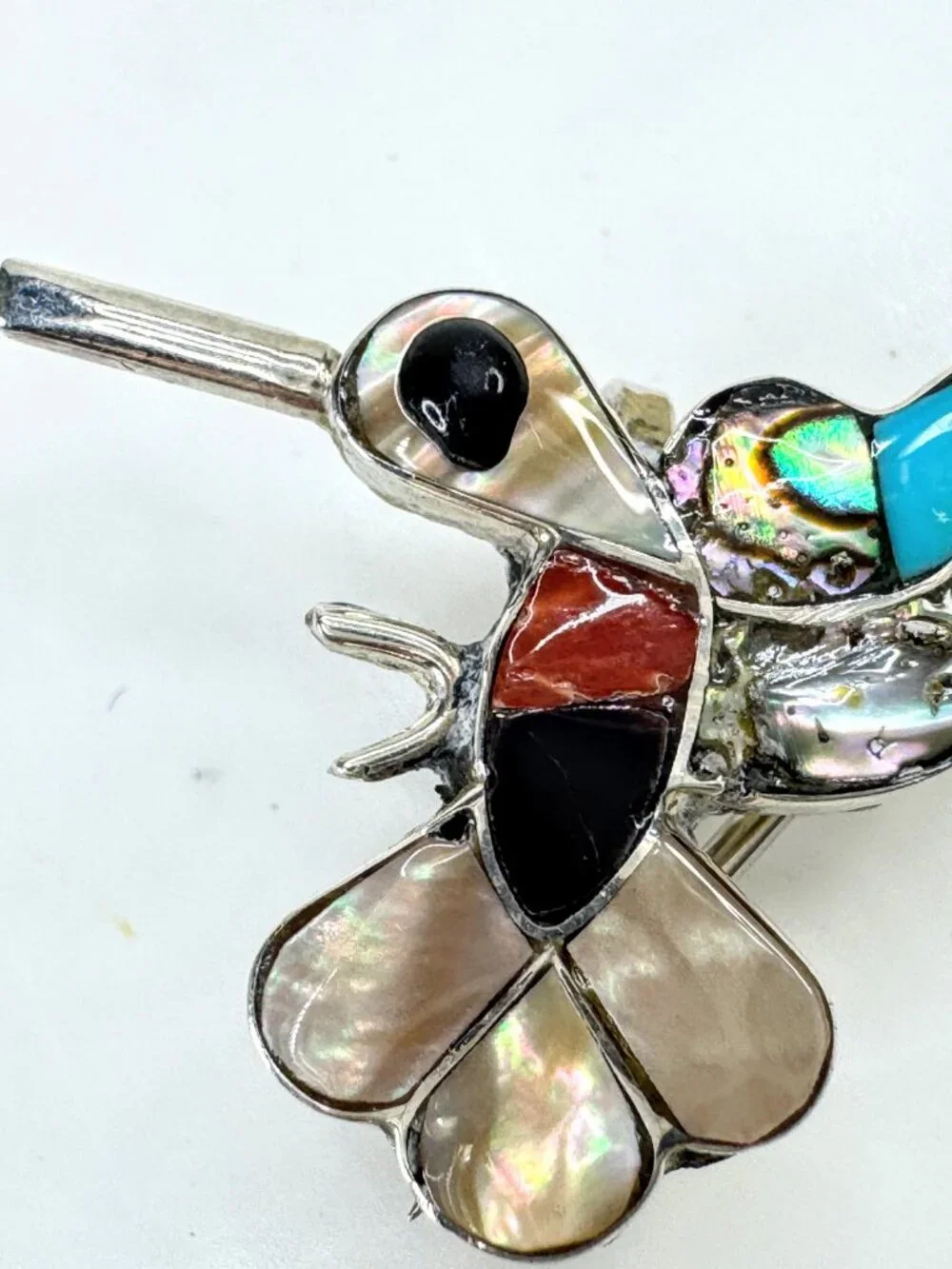 Vintage signed sterling inlay bird & hummingbird brooch pendant necklace JR1915